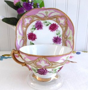 Gorgeous Nippon Japonisme Teacup Hand Painted Pink Gold Beading with dimensions 1005 X 1024