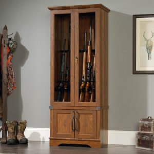 Sauder Gun Display Cabinet In Washington Cherry Safes Sports regarding sizing 1134 X 1134