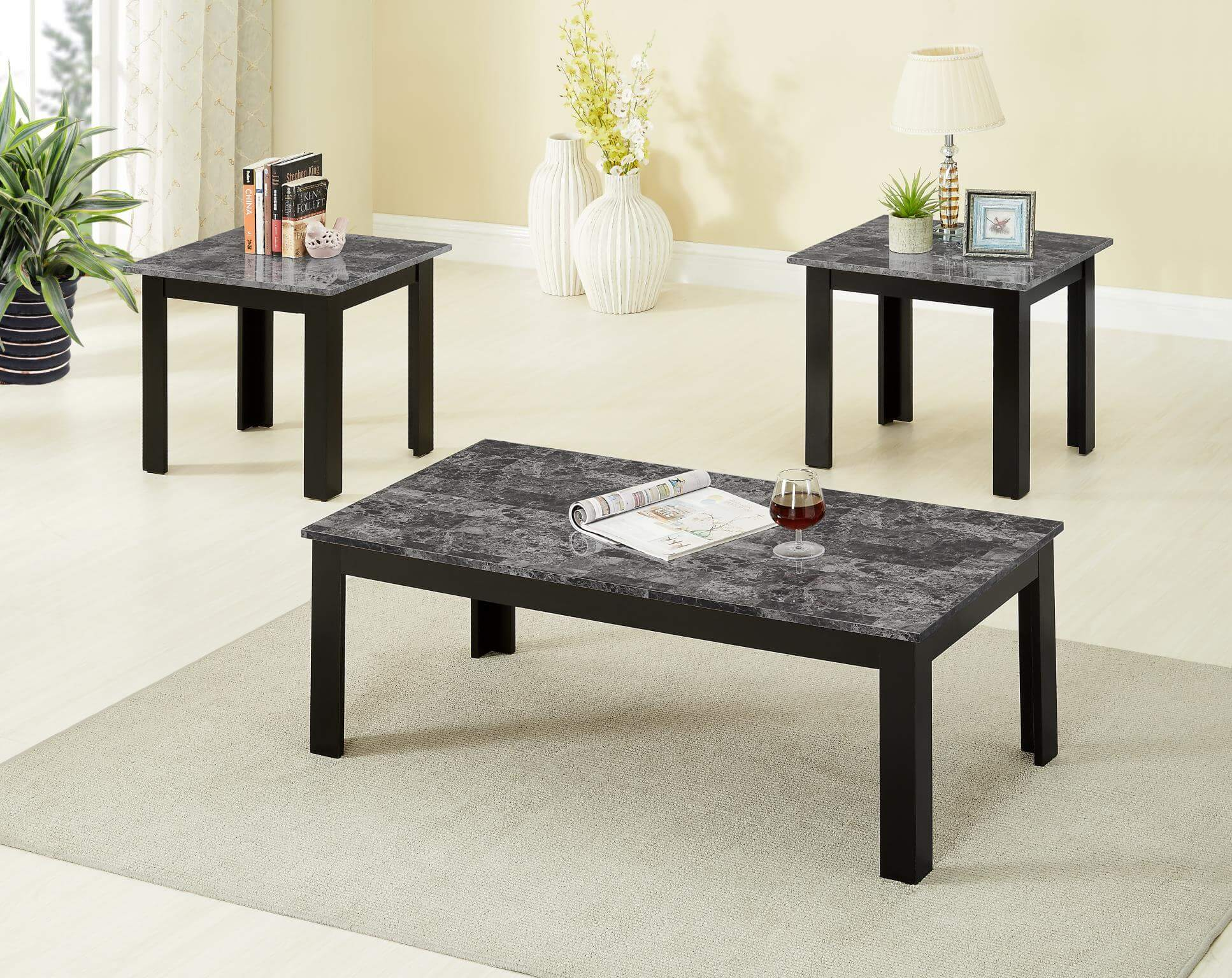 3 Piece Black Faux Marble Coffee And End Table Set inside measurements 1934 X 1536