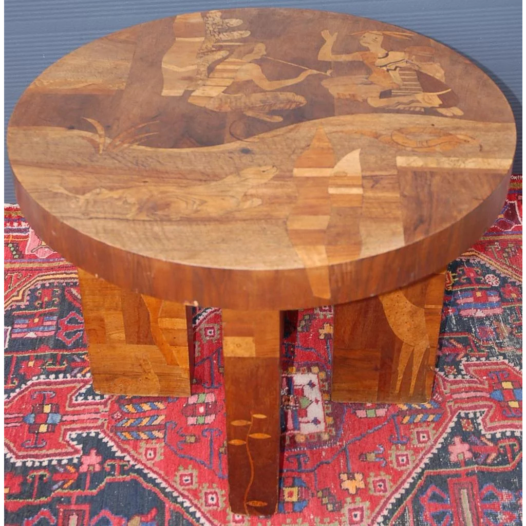 A Rare Antique Marquetry Inlaid Wooden Coffee Table With Cowboy throughout measurements 1024 X 1024