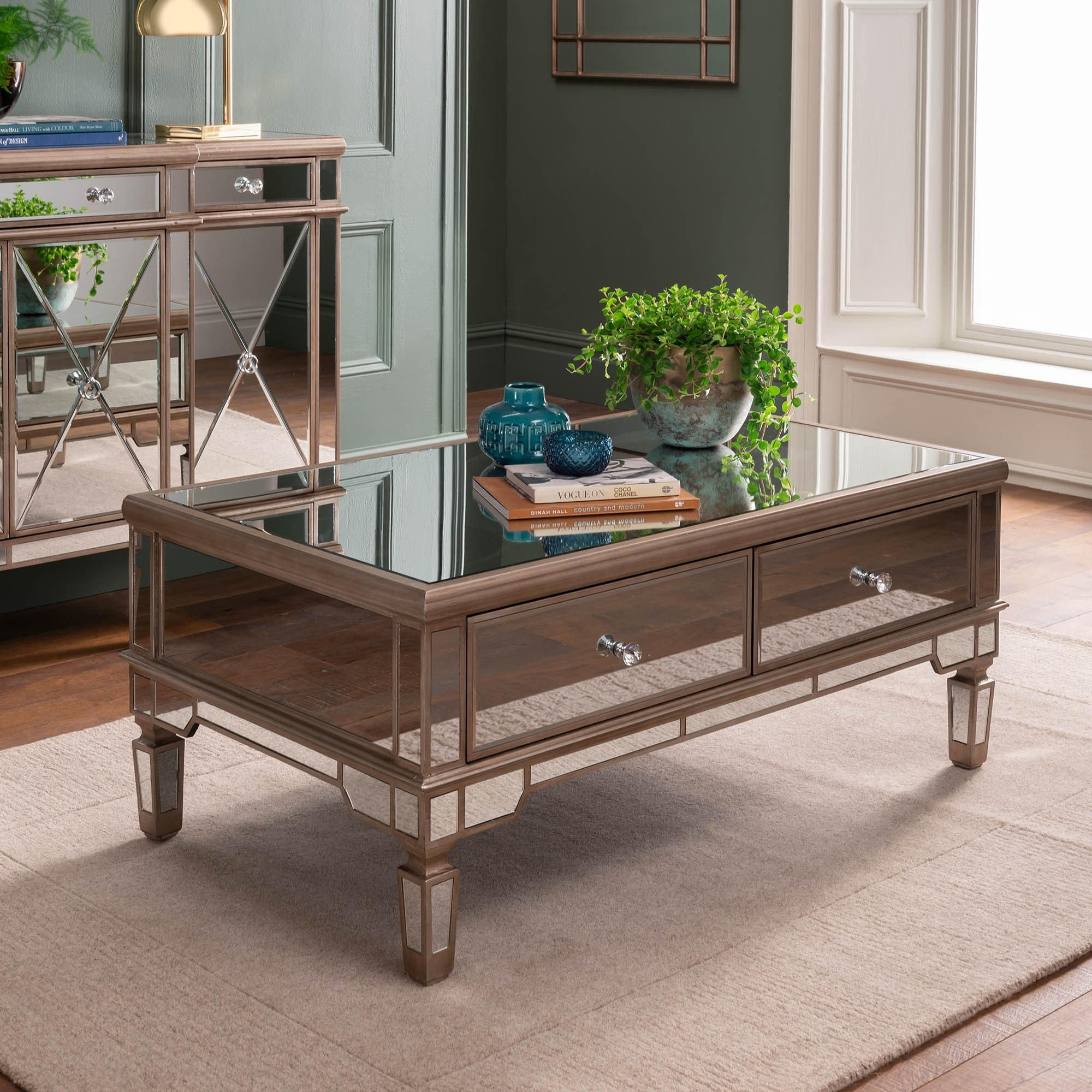 Belfry 2 Drawer Mirrored Coffee Table Coffee Table Homesdirect365 in proportions 2000 X 2000