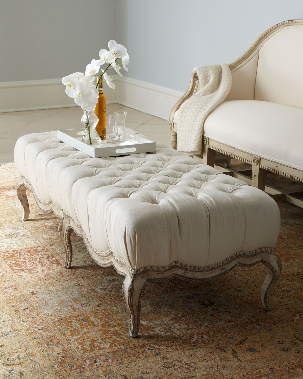 Cream Tufted Ottoman Coffee Table • Display Cabinet