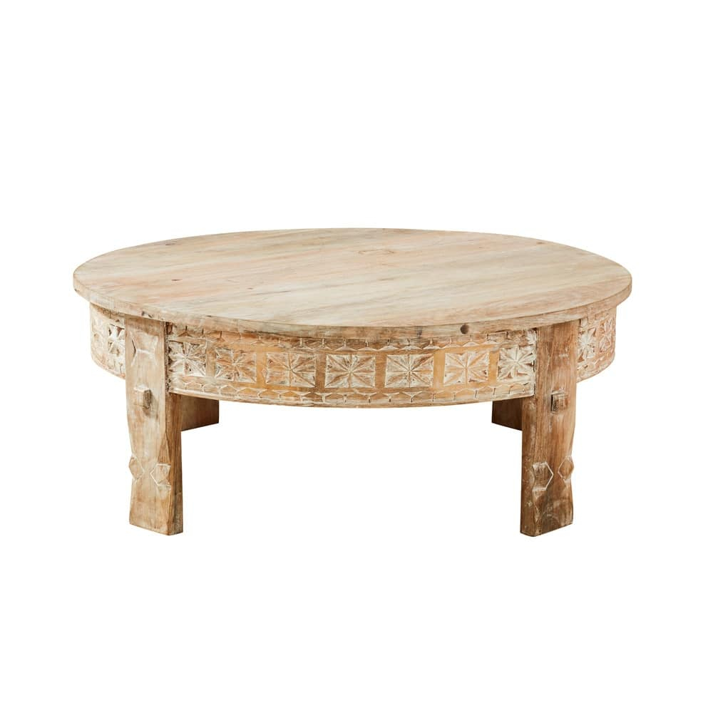 Carved Solid Mango Wood Round Coffee Table Manilal Maisons Du Monde pertaining to measurements 1000 X 1000