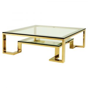 Eichholtz Huntington Hollywood Regency Glass Top 2 Tier Gold Square Coffee Table intended for size 1000 X 1000