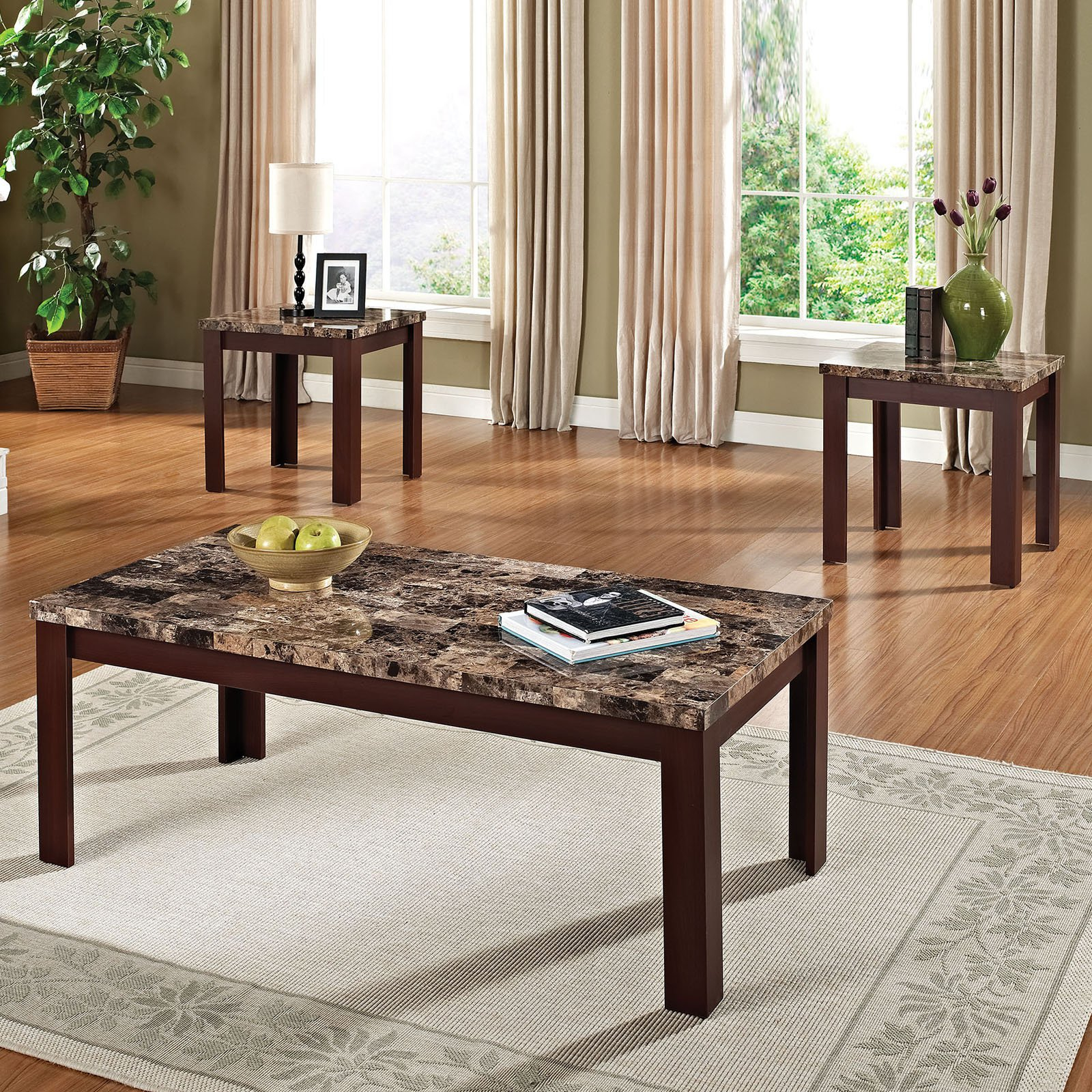 Faux Marble 3 Piece Coffee And End Table Set Brown And Cherry intended for dimensions 1600 X 1600