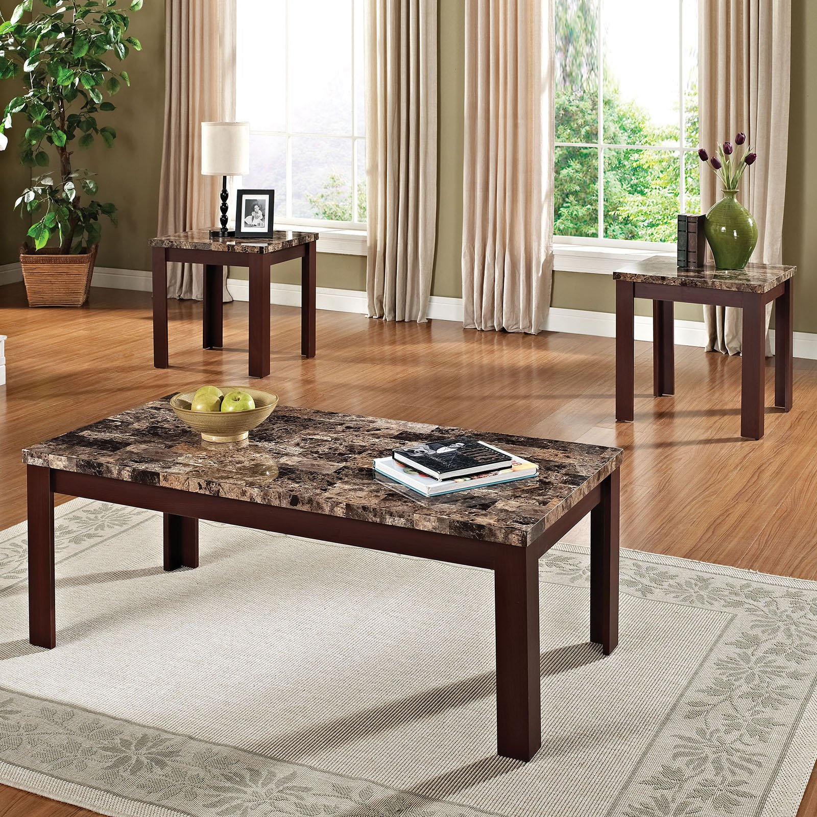 Faux Marble 3 Piece Coffee And End Table Set Brown And Cherry pertaining to dimensions 1600 X 1600