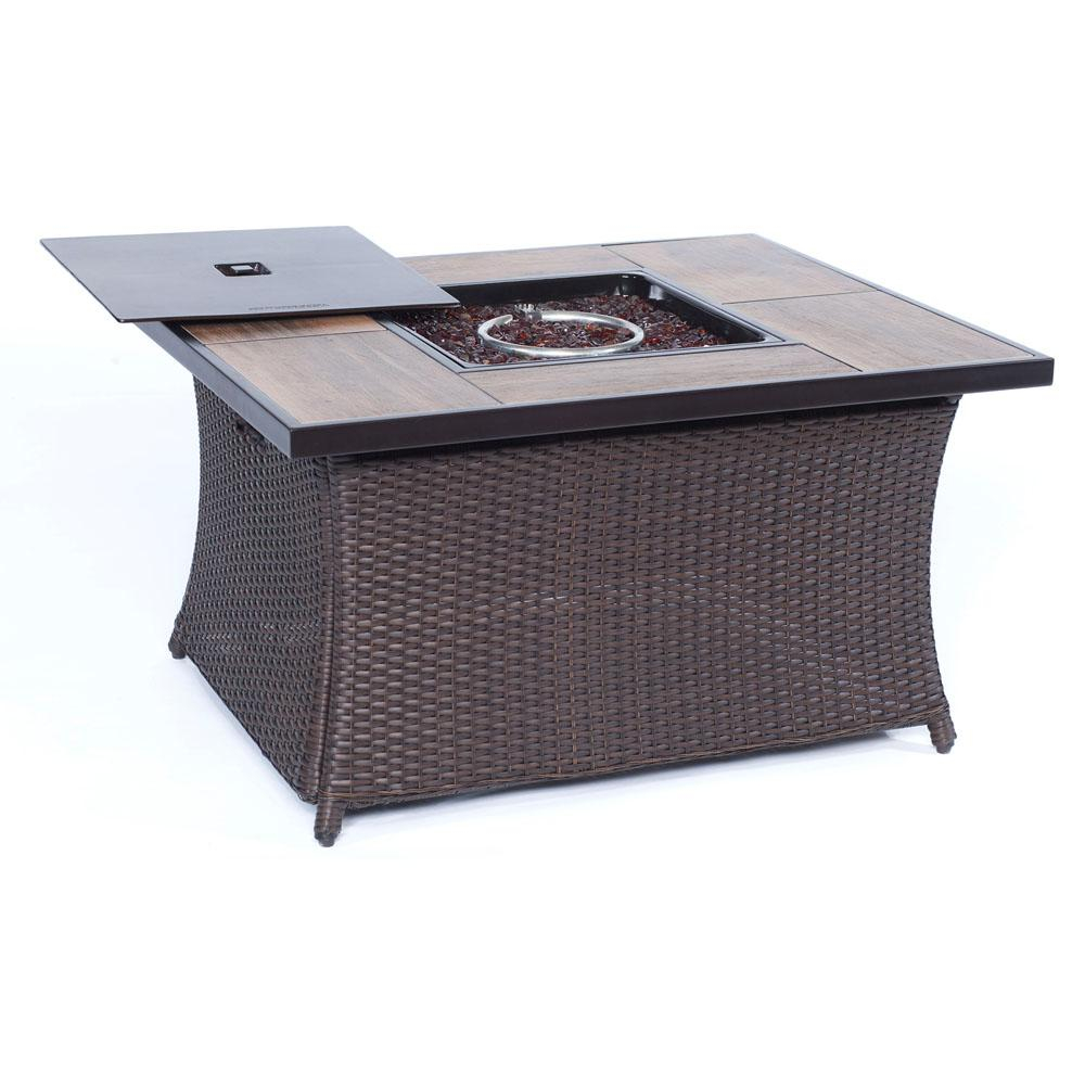 Hanover 98 In Wicker Fire Pit Table In Brown With Woodgrain Tile throughout measurements 1000 X 1000