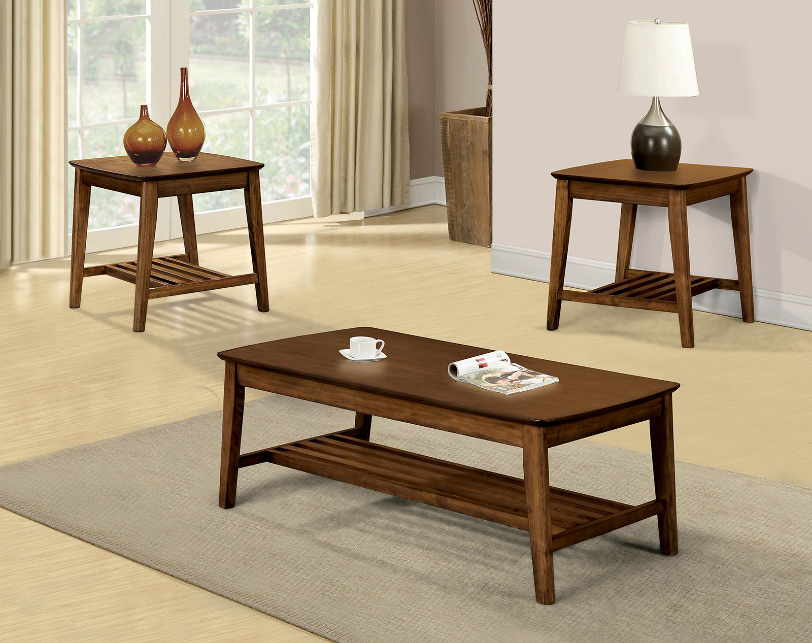 Hattie Transitional Style Medium Oak Finish 3pc Coffee Table Set pertaining to measurements 1600 X 1267