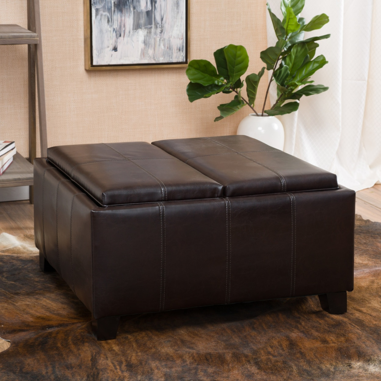 Justin 2 Tray Top Brown Leather Ottoman Coffee Table W Storage In in dimensions 1248 X 1248