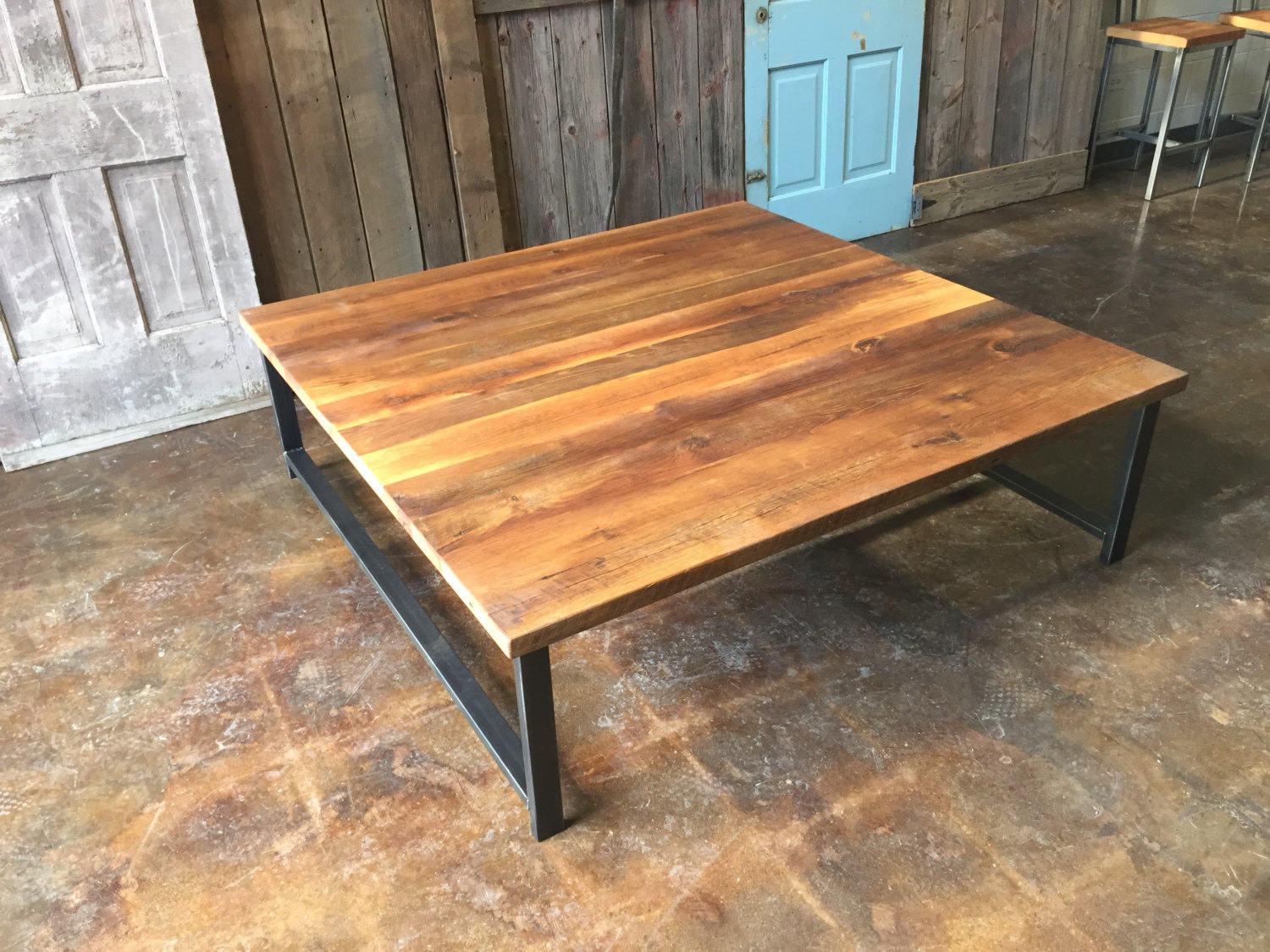 Large Square Reclaimed Wood Coffee Table Industrial H Shaped Metal Legs with regard to proportions 1500 X 1125