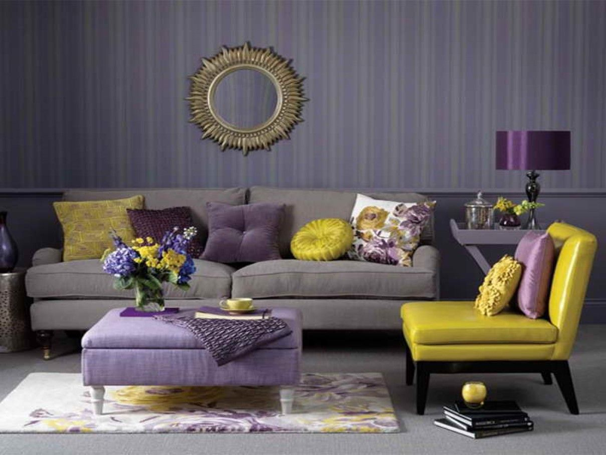 Living Room Grey Couch Lovely Fabric Pillows Purple Ottoman Coffee regarding size 1209 X 907
