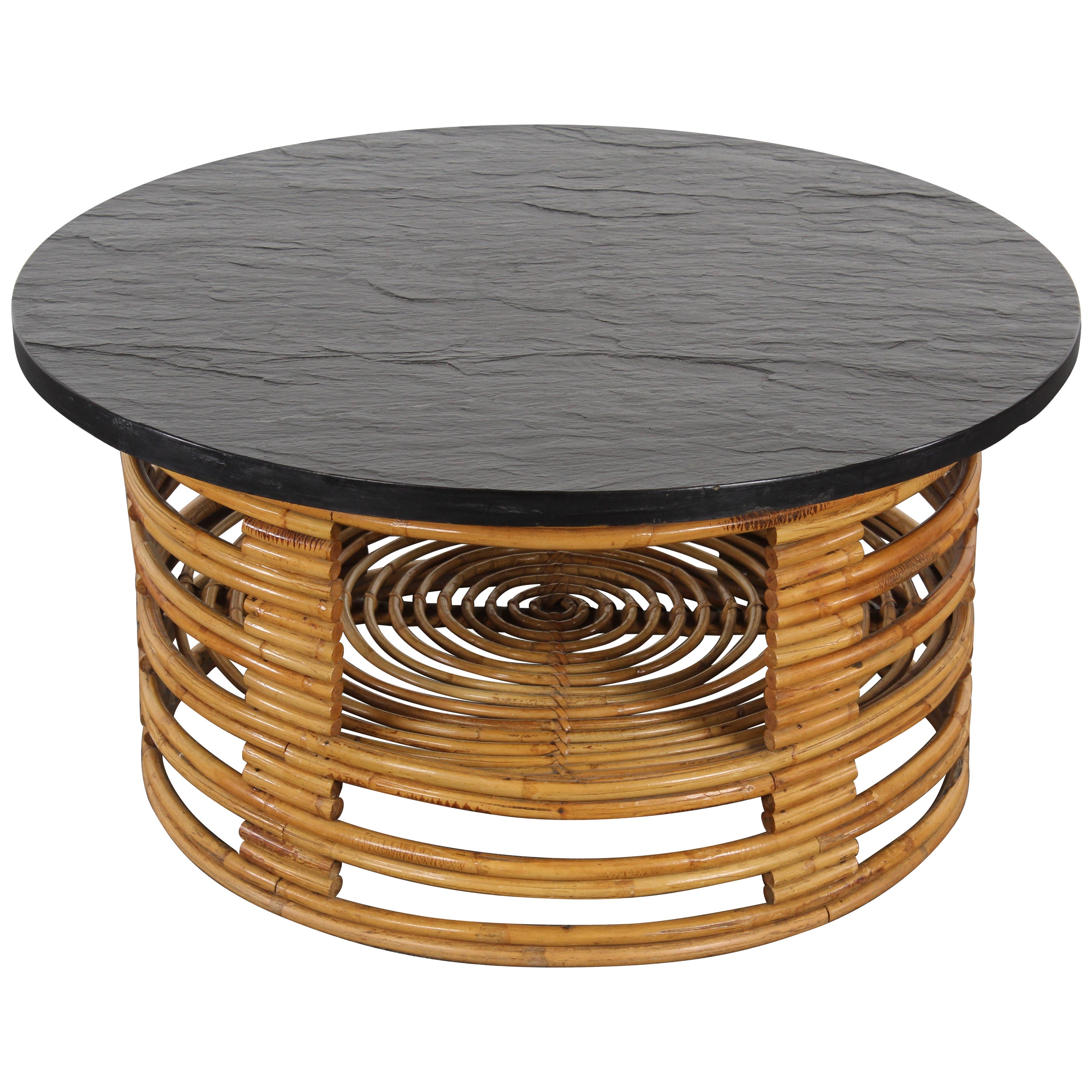 Paul Frankl Style Round Bamboo Rattan Coffee Table With Slate Top within size 3000 X 3000