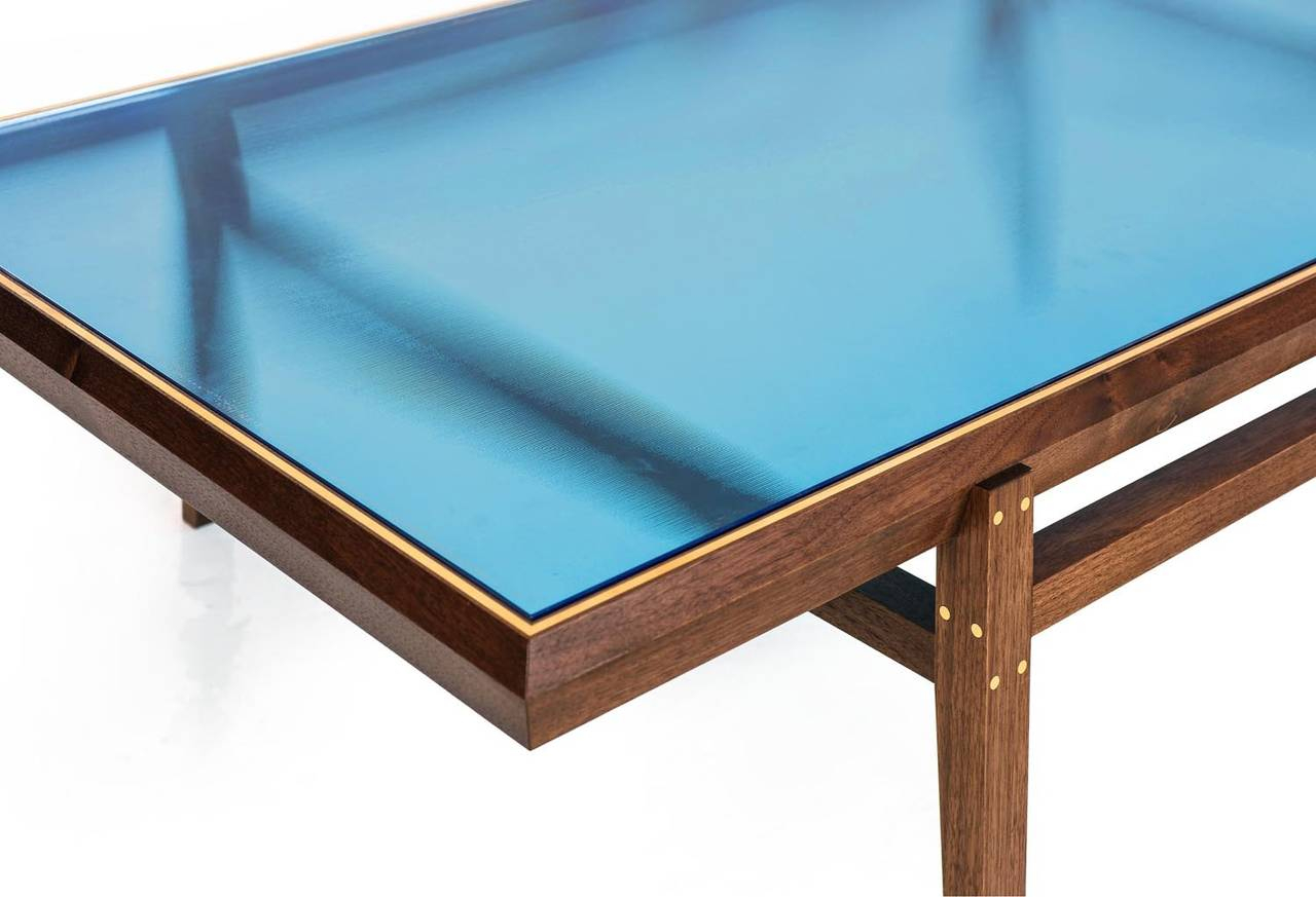Pintor Coffee Table Walnut Frame With Brass Inlay Blue Glass Top intended for proportions 1280 X 873