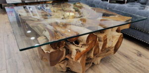 Small Square Teak Root Table Glass Top Reclamation Furniture in sizing 1526 X 755