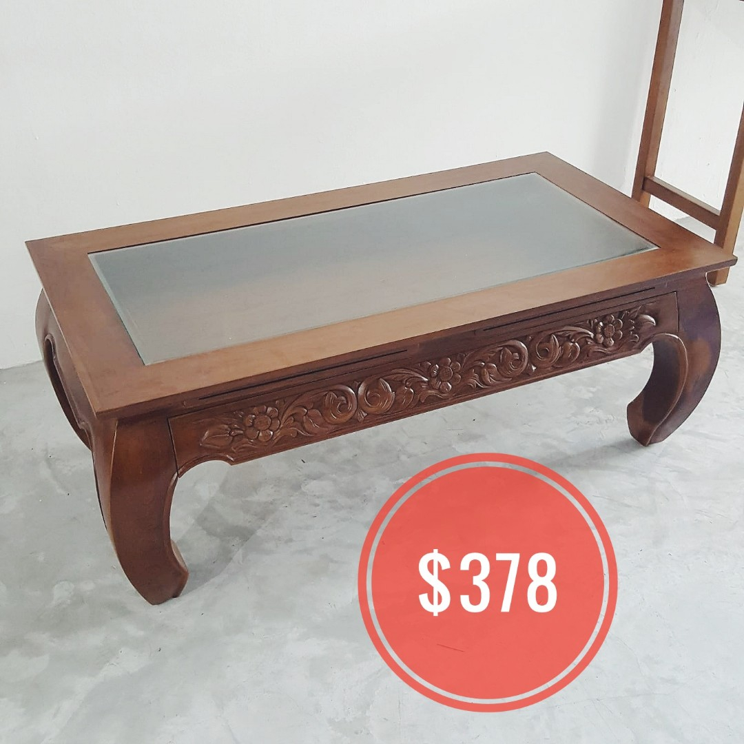 Solid Teak Opium Coffee Table With Glass Top Carved Drawer within sizing 1080 X 1080