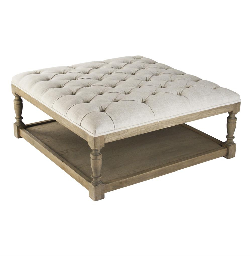 Square Tufted Linen Natural Oak Coffee Table Ottoman Kathy Kuo Home in sizing 1000 X 1021