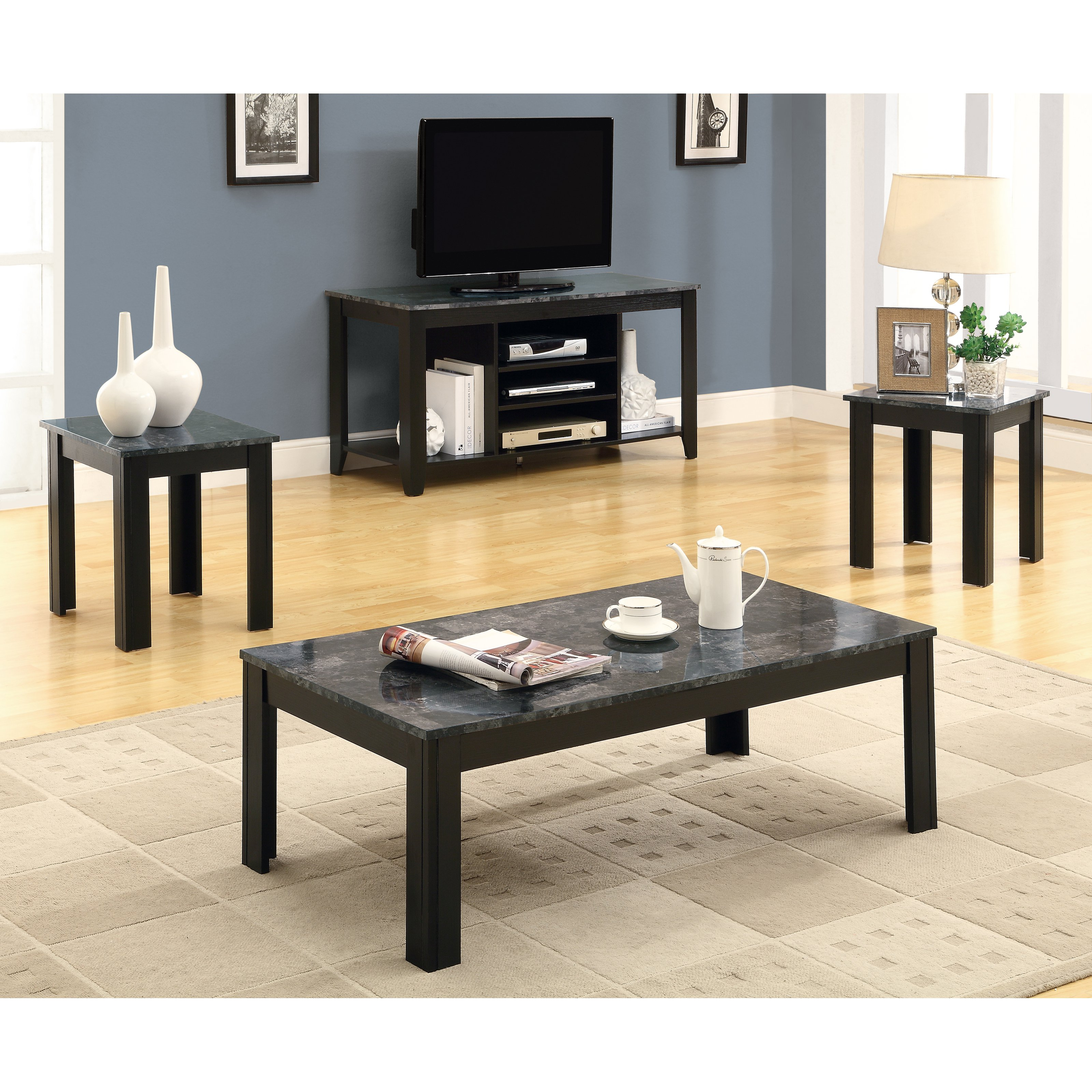 Table Set 3pcs Set Black Grey Marble Look Top Walmart in dimensions 3200 X 3200