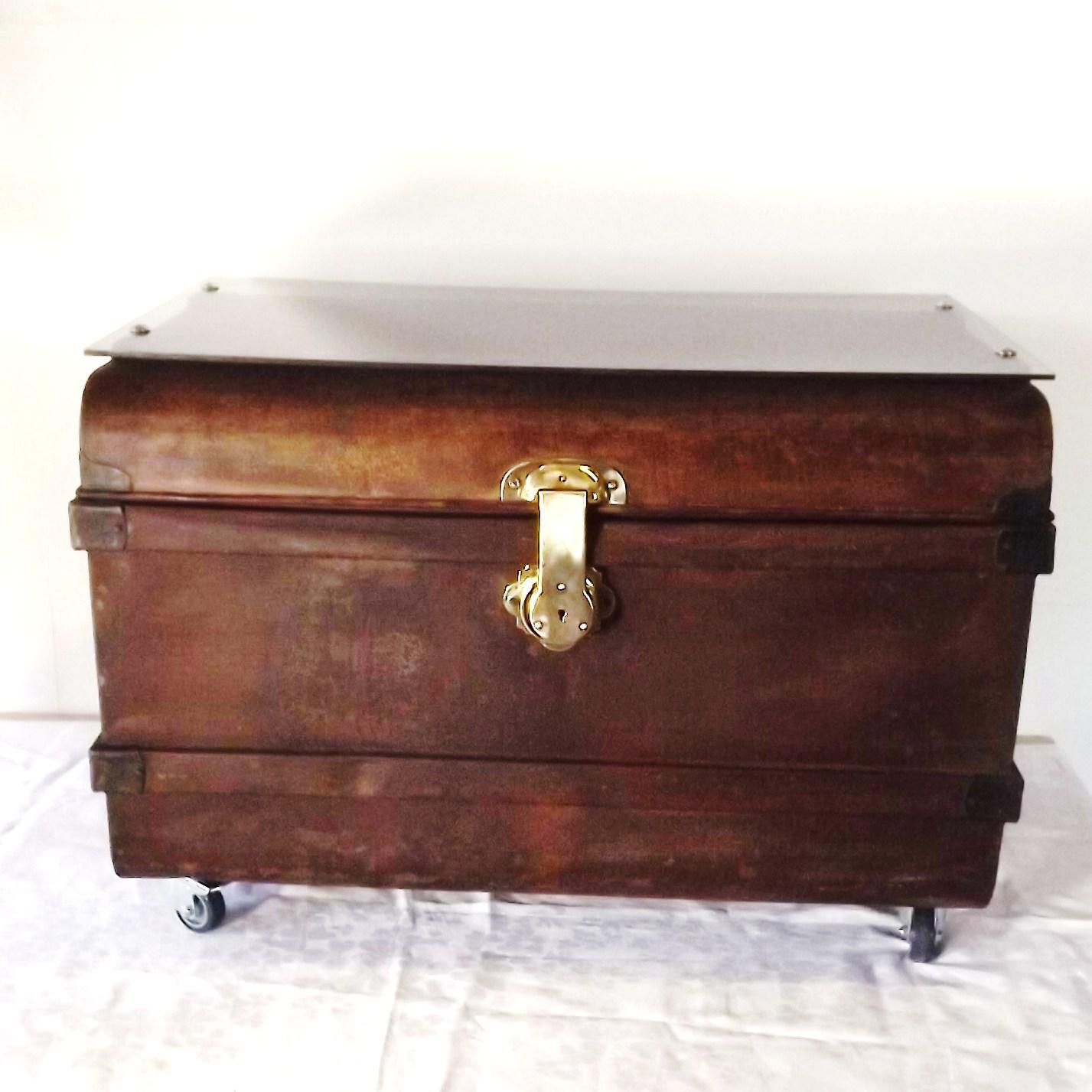 Vintage Upcycled Toleware Steamer Metal Trunk Coffee Table Leather throughout sizing 1427 X 1427