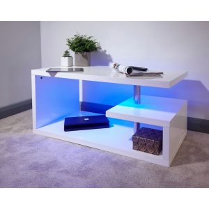 White High Gloss Coffee Table Night Glow Led Lights Cylindrical Leg in size 1536 X 1536