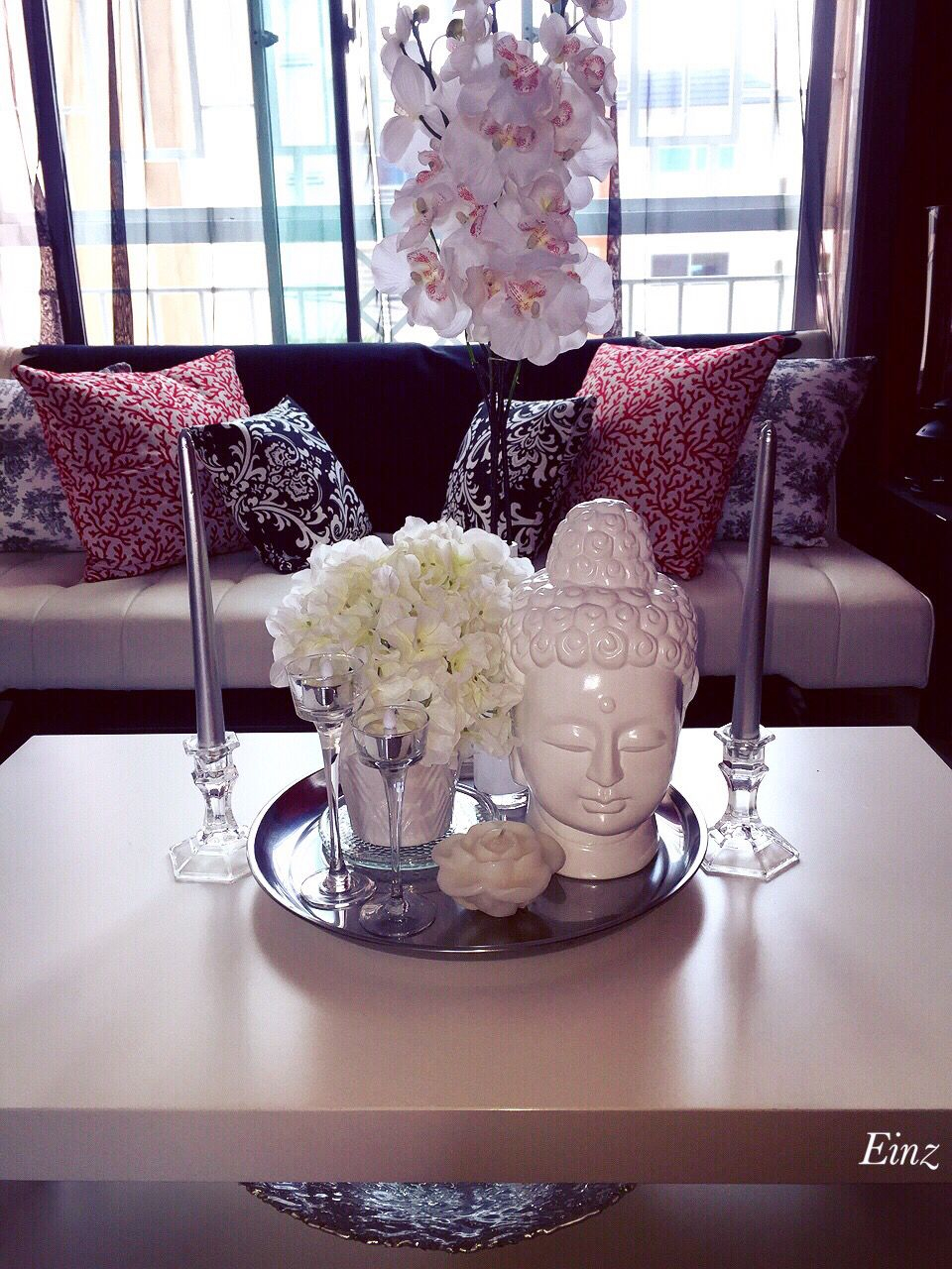 Whitesilver Coffee Table Decor Hydrangeas Orchids Buddha Head for measurements 960 X 1280